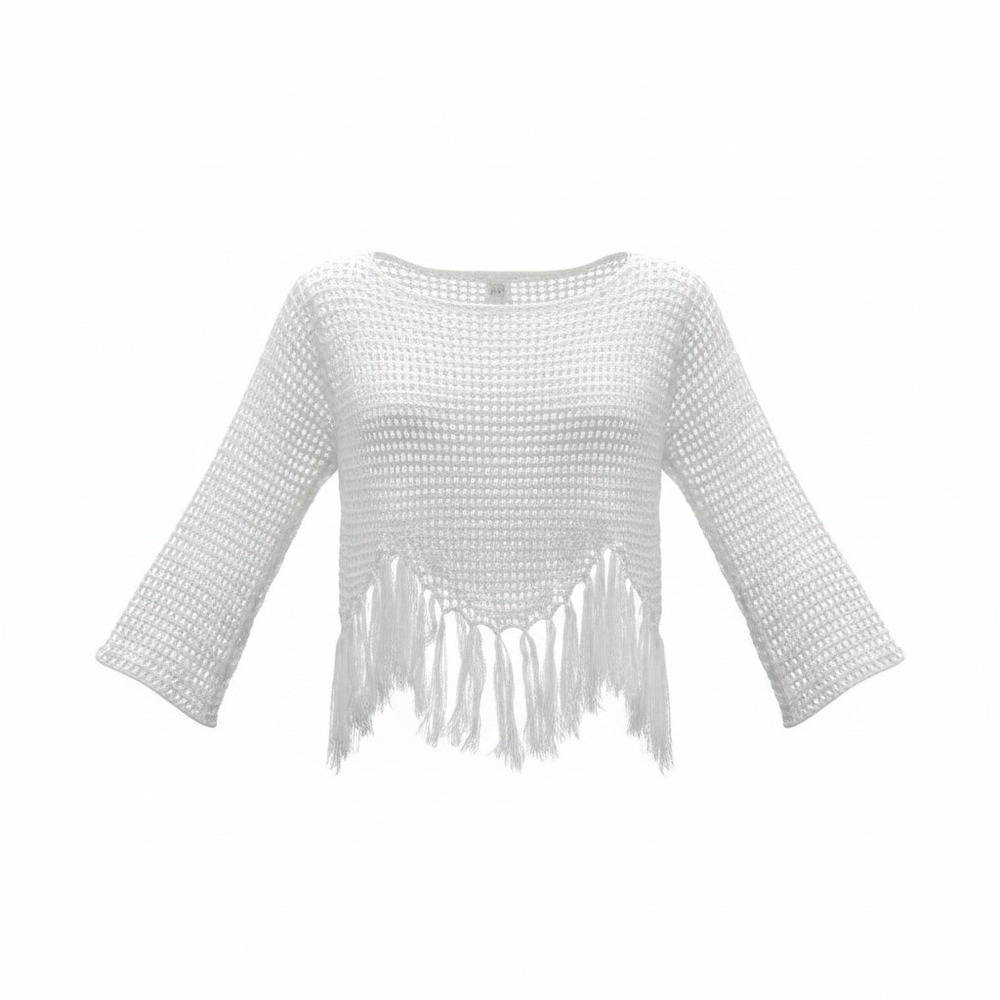 Vivid New York Crochet Top Womens Large White Excellent Fringe Boho Mesh 23653